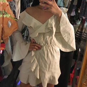 Beige off shoulder ruffle dress